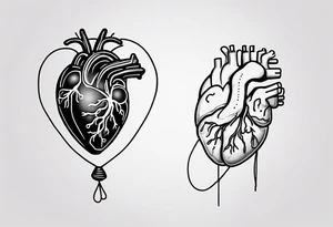 A simple line design anatomical heart and anatomical brain tied with balloon string being held by a woman's hand tattoo idea