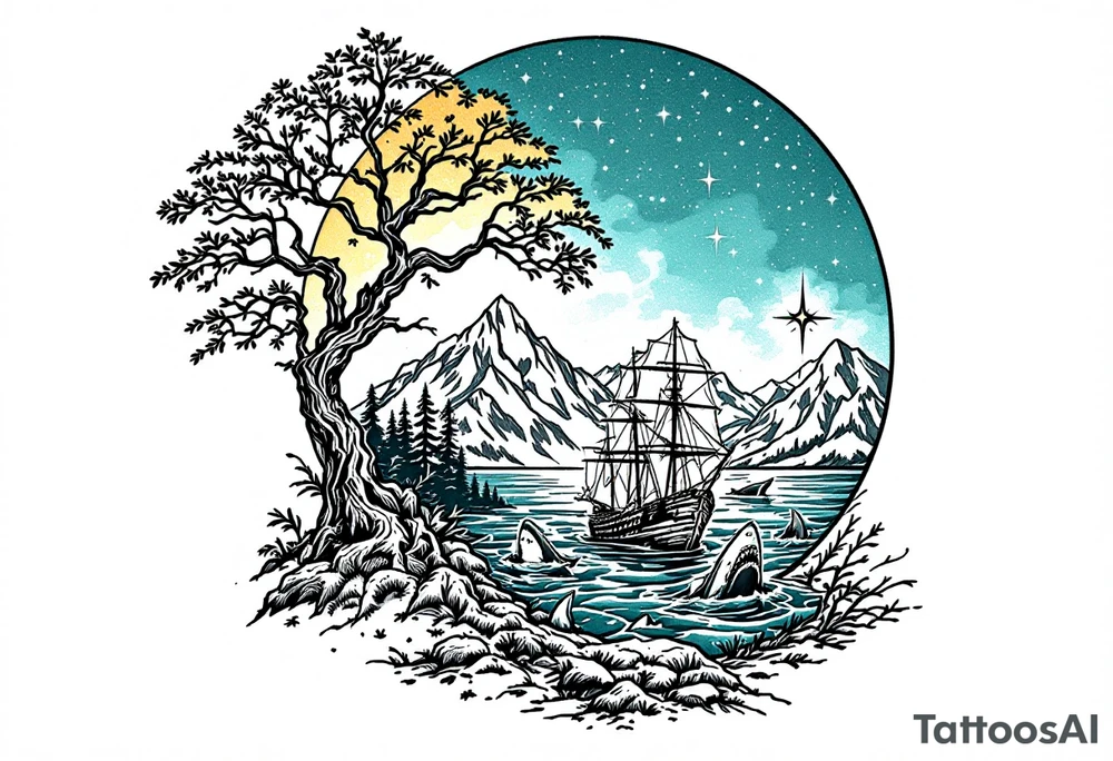 tattoo that has an acacia tree with forest mountains, ocean with a ship wreck with sharks and the bright northern star tattoo idea