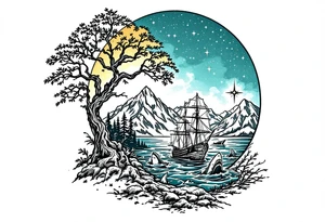 tattoo that has an acacia tree with forest mountains, ocean with a ship wreck with sharks and the bright northern star tattoo idea