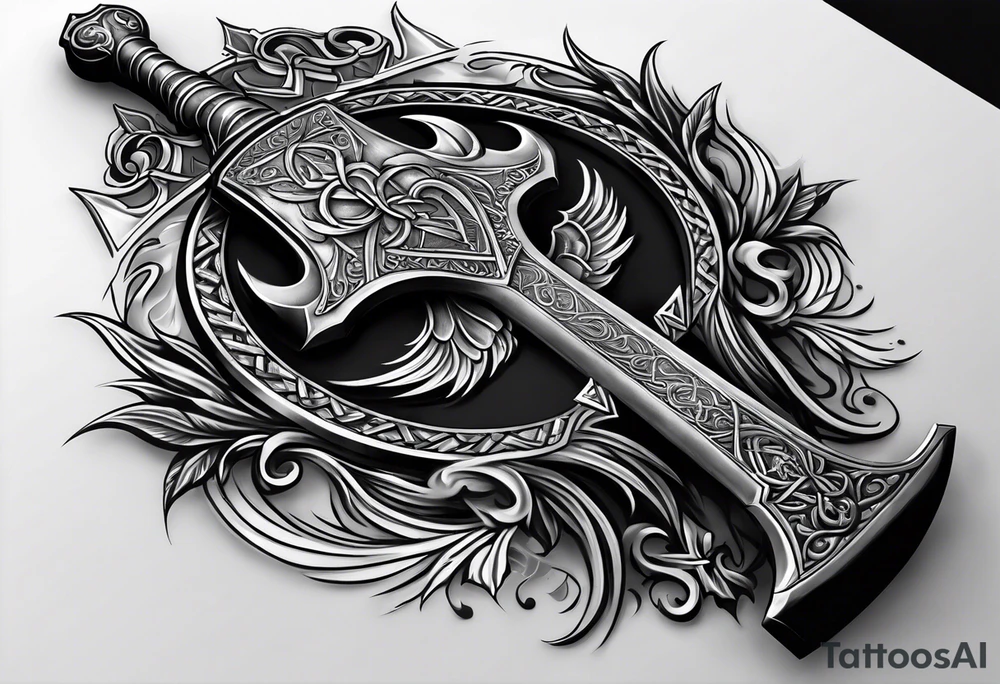 Valhalla sword shield axe mist tattoo idea