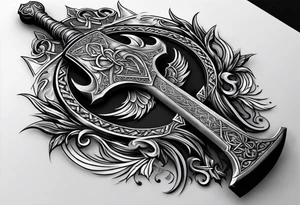 Valhalla sword shield axe mist tattoo idea