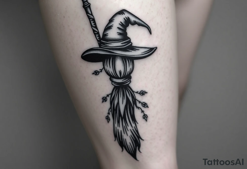 Which is broom with handle
 a witches hat with vines and feathers 
Smaller broom with hat placed on top or in the middle
Feminine and on a leg tattoo idea