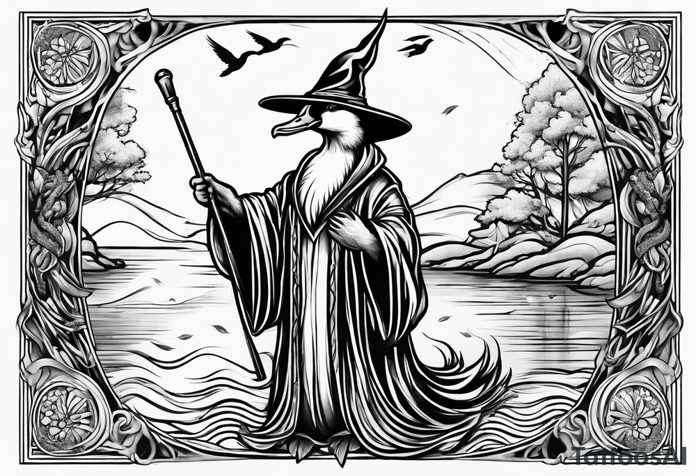 Mallard Duck dressed like a wizard casting a spell with his wand tattoo idea