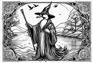 Mallard Duck dressed like a wizard casting a spell with his wand tattoo idea
