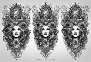 A thigh tattoo of the name Moore and also says from the past we rise to our future somehow tattoo idea