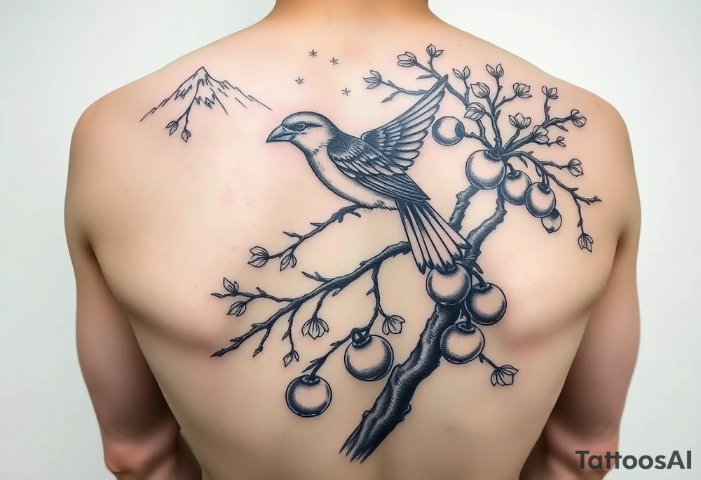 bird on persimmon tree with lots of branches and fruits with mountains in background japanese style tattoo idea