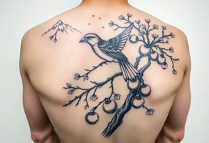 bird on persimmon tree with lots of branches and fruits with mountains in background japanese style tattoo idea