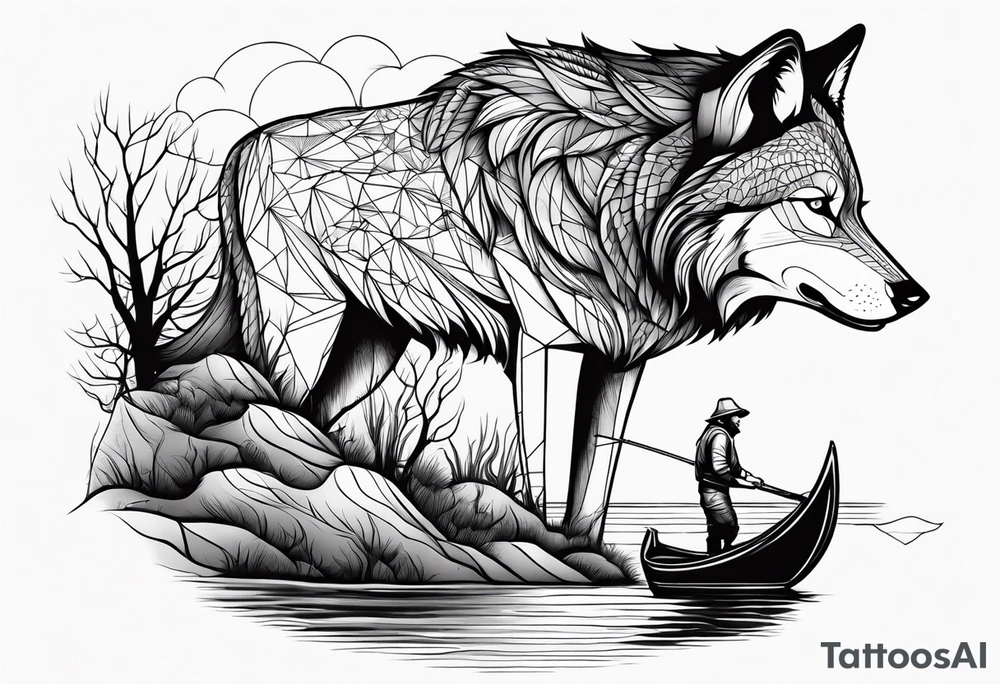 a wolf with a fisherman on a bank tattoo idea
