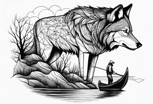 a wolf with a fisherman on a bank tattoo idea