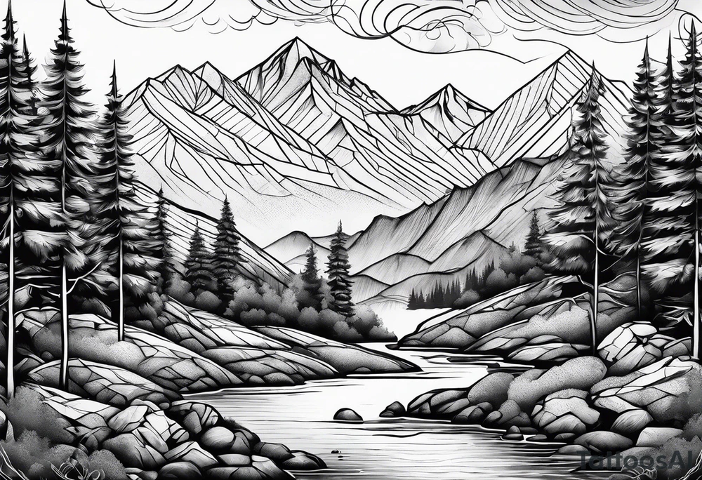 Fineline mountain scene tattoo idea