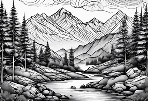Fineline mountain scene tattoo idea