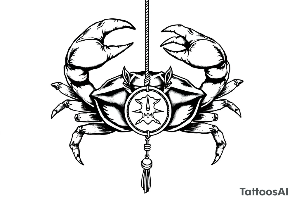 An angry crab with its claws raised with a zodiac symbol hanging on a rope attached to its claw tattoo idea