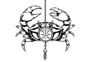 An angry crab with its claws raised with a zodiac symbol hanging on a rope attached to its claw tattoo idea