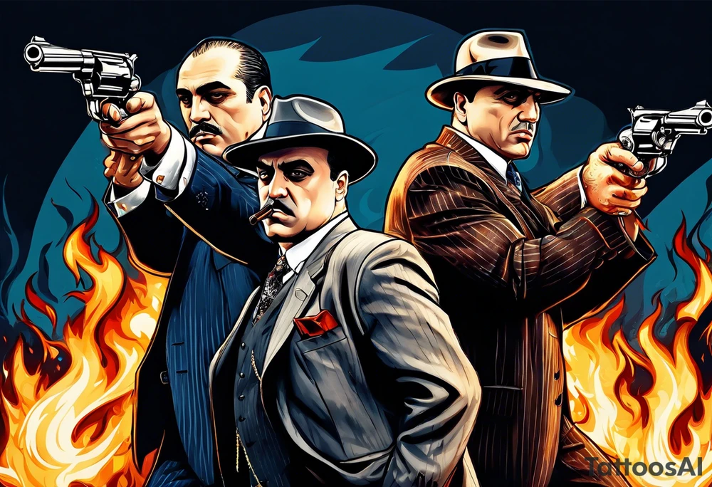 capone style gangsters having a shootout against a dark background scene with flames blues with sexy women tattoo idea