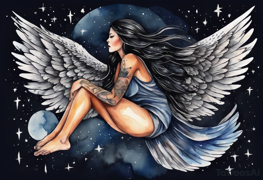 a beautiful 45 year old Dakota woman flying in the night sky with black wings and bare feet tattoo idea