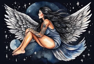 a beautiful 45 year old Dakota woman flying in the night sky with black wings and bare feet tattoo idea