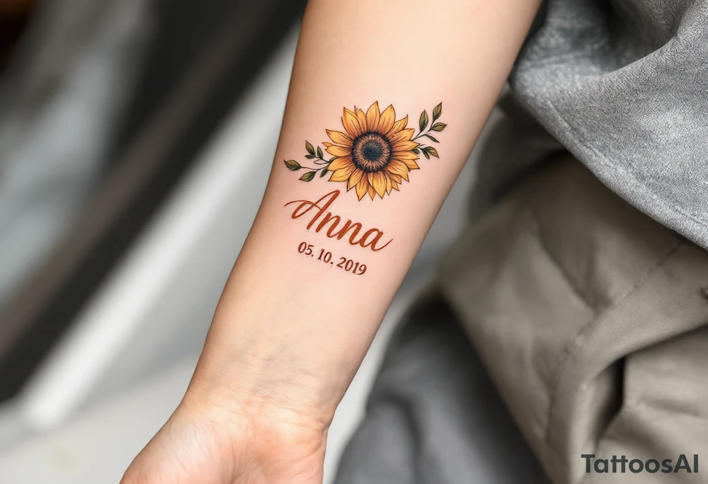 Anna 05. 10. 2019 – A warm orange sunflower design, with Anna's birthdate in bold rust-colored script, complemented by green leafy details. tattoo idea