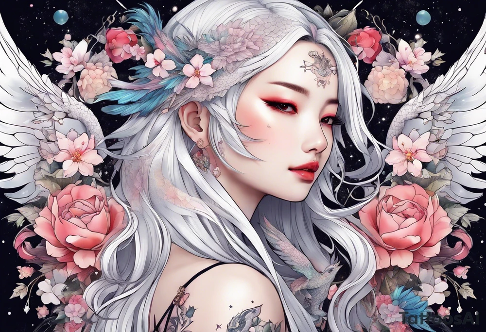 Constellation, wing , snow , cross , dragon female japan kawaii , flower tattoo idea