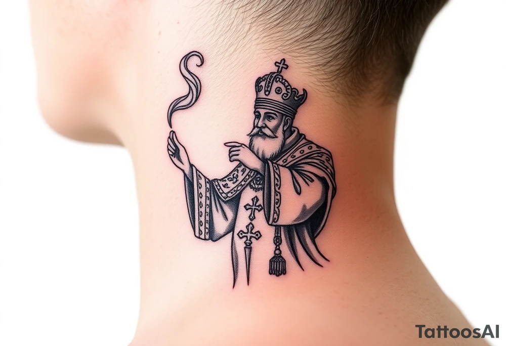 Russian Orthodox Priest in a fully detailed gold vestment swinging a censer with smoke curling upward tattoo idea