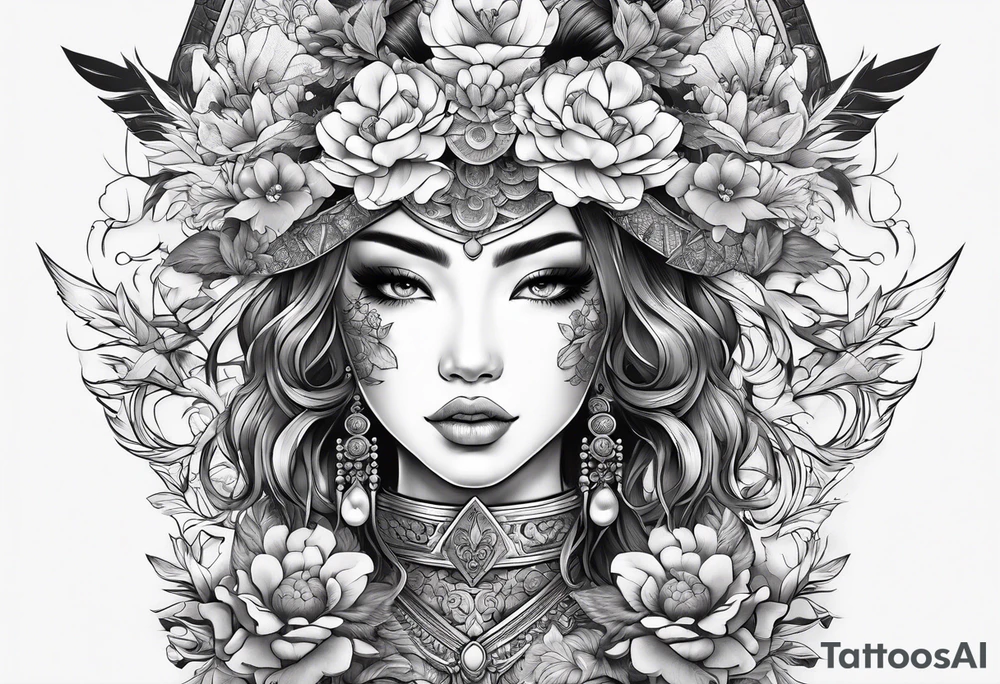 ornate beautiful woman warrior with weapon & floral surrounding tattoo tattoo idea