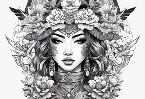 ornate beautiful woman warrior with weapon & floral surrounding tattoo tattoo idea