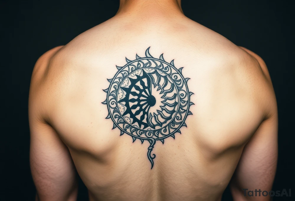 Spiral fern with tribal patterns, one side dark and tight (ego), the other open and light (soul), Māori inspired tattoo tattoo idea