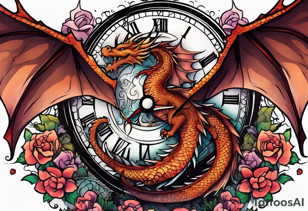 Dragon kawaii , clock, cross tattoo idea