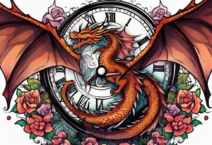 Dragon kawaii , clock, cross tattoo idea