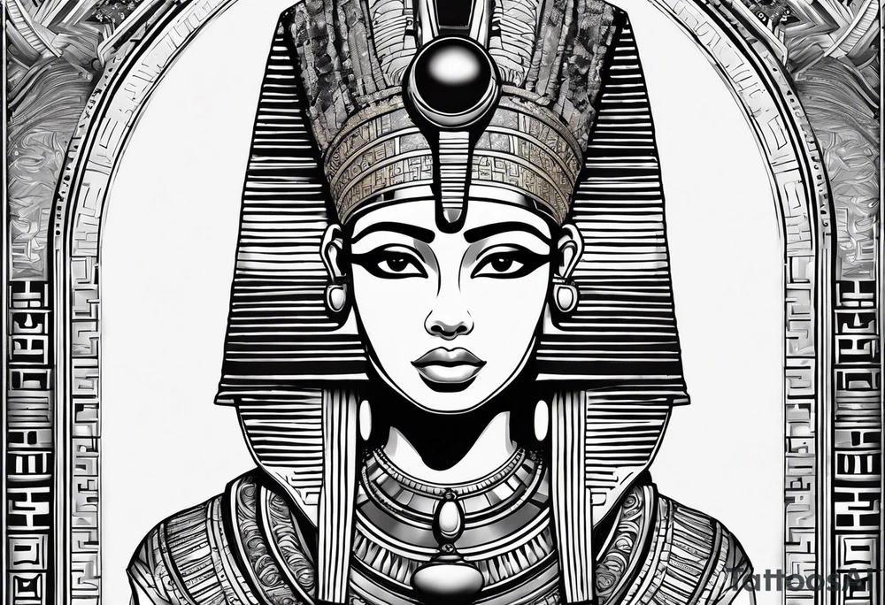 Egyptian figure girl. The figure should be full, featuring a regal headdress and detailed facial markings reminiscent of ancient Egyptian art. Include mystical and symbolic elements such as the Eye of Horus and ankh, blending subtly with geometric background patterns. 
Hyperrealism tattoo idea