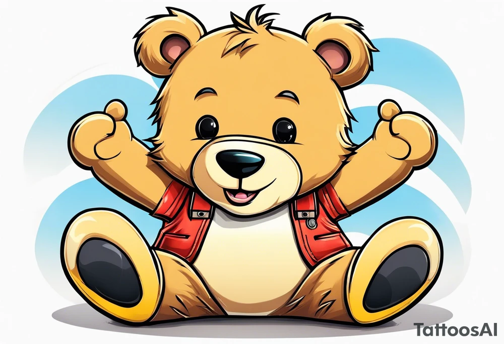 the image of the back of a light brown teddy bear standing in yellow overalls, white tank top, striped boots and holding his left arm up tattoo idea