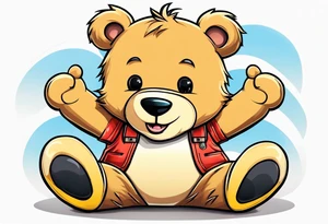 the image of the back of a light brown teddy bear standing in yellow overalls, white tank top, striped boots and holding his left arm up tattoo idea