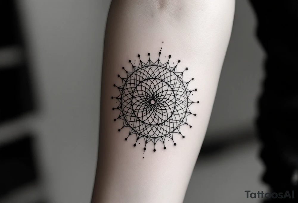 simple, minimalist tattoo, sacred geometry mandala, centerpiece design, dotwork patterns, radiating geometry, symmetrical mandala, geometric shapes, intricate dotwork, sacred patterns, mandala center, geometric radiating, fine line work, black grey shading, minimalist design, no outlines, arm placement, delicate linework, precise geometry, clean symmetry, sacred symbols, geometric precision, dotwork details, mandala focal point, refined patterns, understated complexity, geometric harmony, minimalist tattoo idea