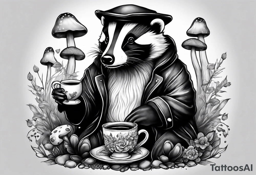 Badger in a coat with a teacup sitting on a mushroom tattoo idea