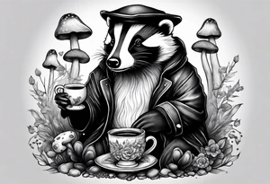Badger in a coat with a teacup sitting on a mushroom tattoo idea