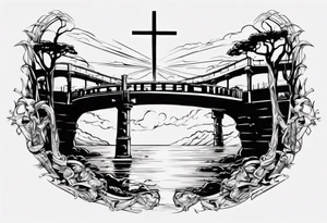 Inner bicep, stretched horizontally, bridge leading to a cross tattoo idea