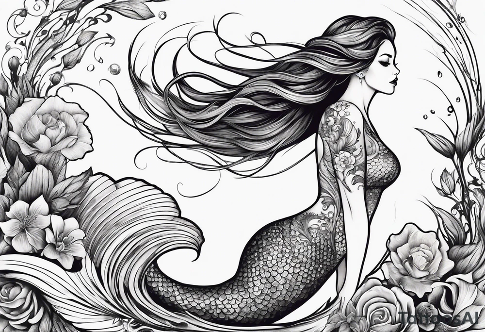 sexy full bodied mermaid with flowing tail and hair, tattoo sleeve tattoo idea