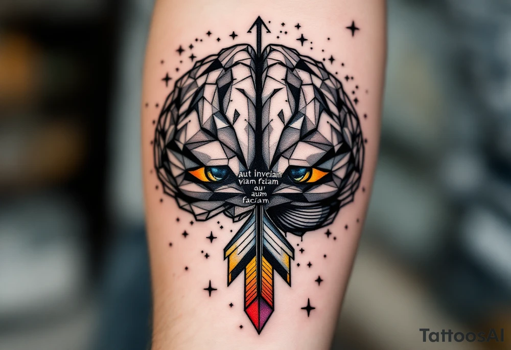 A front-seen brain in geometric and straight lines, with few watercolor details but mostly black, symbols representing intelligence flying arround, the phrase "Aut inveniam viam aut faciam" and a detailed arrow crossing from above with watercolors leaking from its tip tattoo idea