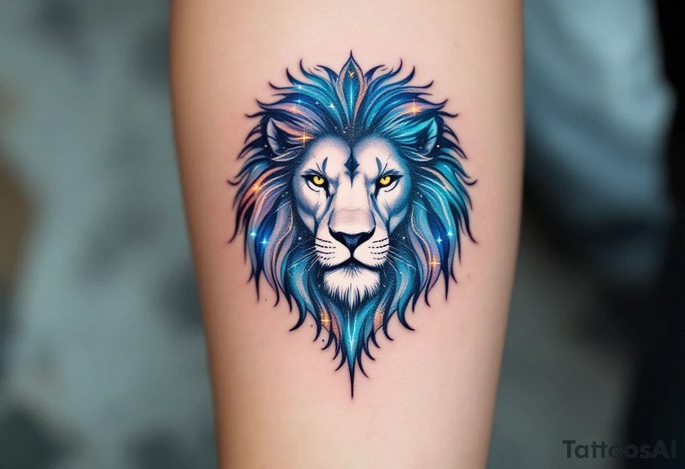 A celestial lion formed from stardust and soft gray shading lies beneath the Leo glyph, glowing in a wash of indigo and teal. tattoo idea