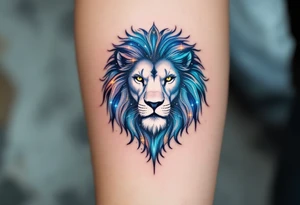 A celestial lion formed from stardust and soft gray shading lies beneath the Leo glyph, glowing in a wash of indigo and teal. tattoo idea