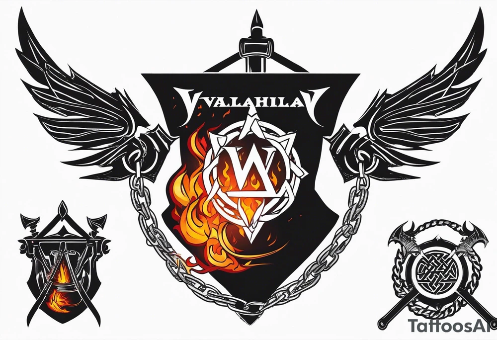 Valhalla sword shield dragon axe Valknut barbed wire chains fire tattoo idea Valhalla sword shield dragon axe Valknut barbed wire chains fire tattoo idea