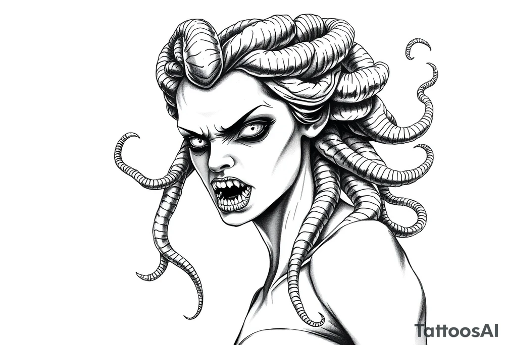 Scary Greek female god medusa with snake hairs tattoo idea