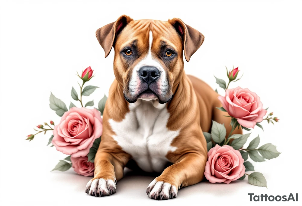 Brown and white pitbull with kind eyes, sitting calmly, surrounded by roses in muted red and soft green leaves, gentle realism. tattoo idea
