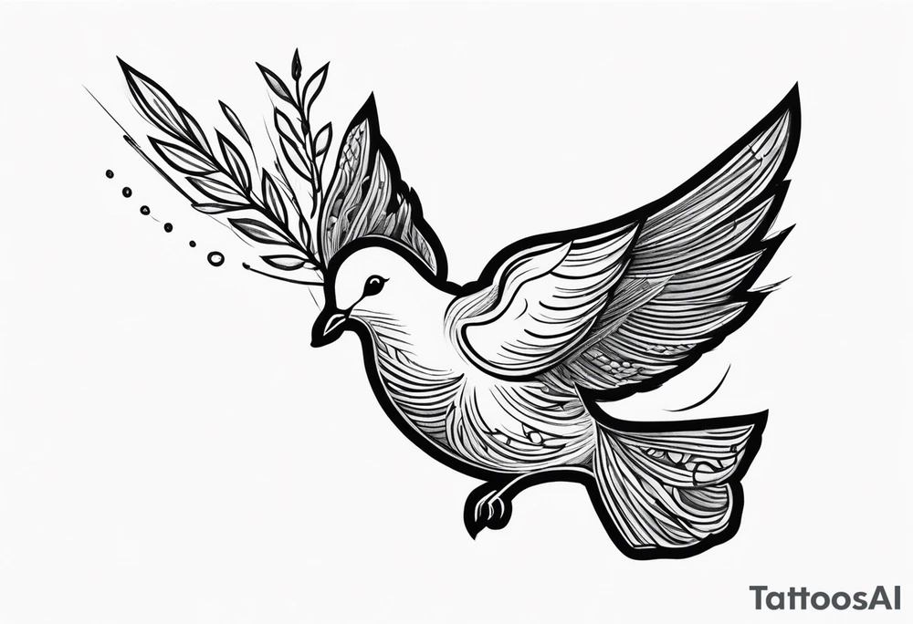 Dove soring through the air clasping an olive branch in its beak. tattoo idea