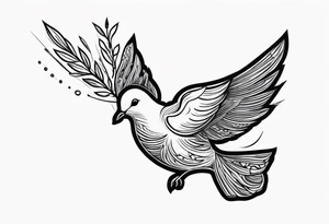 Dove soring through the air clasping an olive branch in its beak. tattoo idea