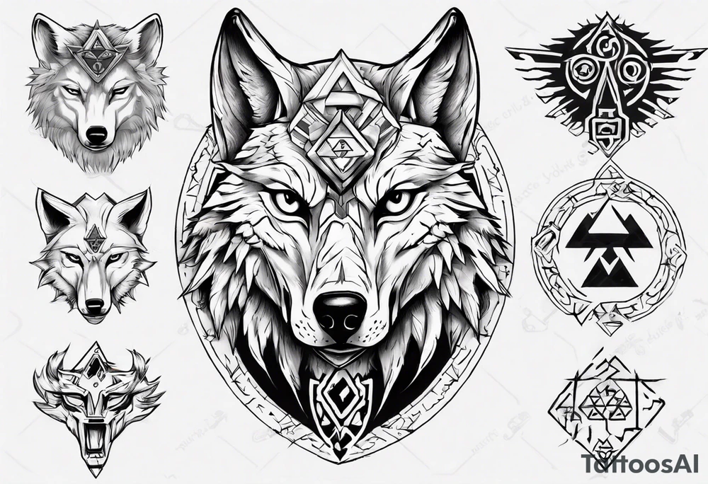 wolf head with zelda symbols tattoo idea