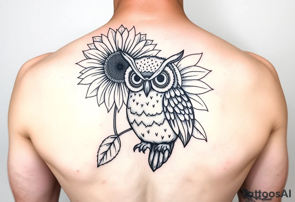 Sunflower and whimsical owl design tattoo idea