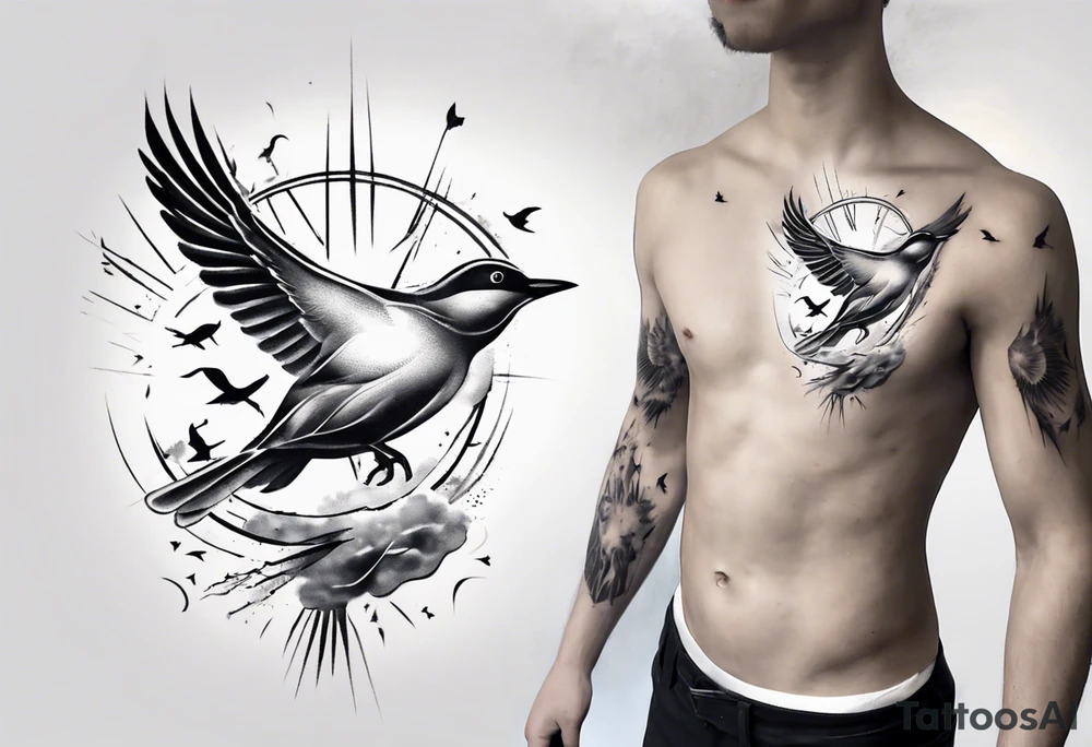 shoulder tattoo with light rays with birds flying free among the clouds, round shape, 3d effect tattoo idea