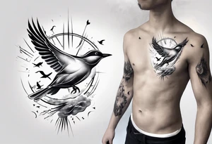 shoulder tattoo with light rays with birds flying free among the clouds, round shape, 3d effect tattoo idea