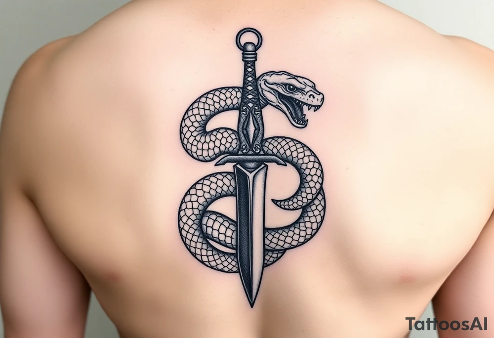 mystical snake coiled around an ancient dagger with jeweled hilt tattoo idea