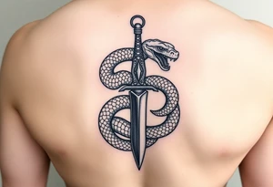 mystical snake coiled around an ancient dagger with jeweled hilt tattoo idea